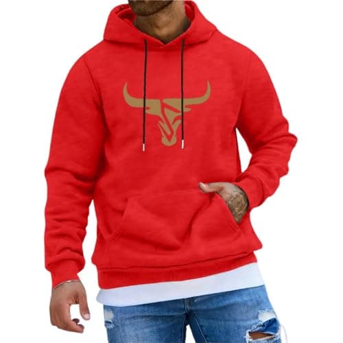 Image of Generisch Hooded Pullover Casual Hoodie for Men with Bull Head Graphic and Drawstring Comfortable Blend Pullover Sweatshirt for Everyday Black Hoodie Women, red, M