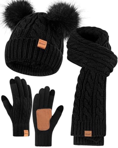 Image of Winuesa Hat Scarf and Gloves Set Ladies, Winter Beanie Hat for Women with Pom Pom Fleece Lined, Bobble Cap Touchscreen Gloves Women Scarf Neck Warmer 3 in 1 Cold Weather Gift Set(Black)