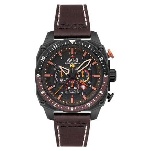 Image of AVI-8 Men's 44mm Hawker Hunter Atlas Dual Time Chronograph Soot Black Watch with Leather Strap AV-4100-08