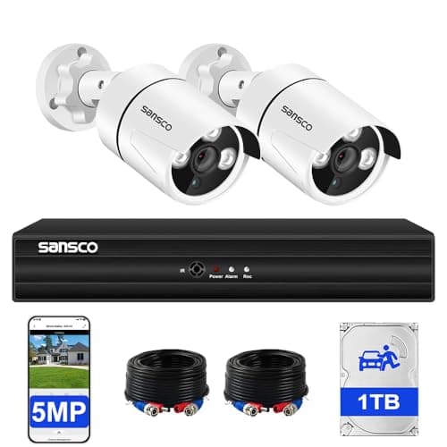 Image of SANSCO 5MP Color Night Vision, Audio Recording, Outdoor Wired CCTV Camera System with 1TB Hard Drive, 4 Channel Surveillance DVR, 2 x 3K Home Security Camera, Human Vehicle Detection, Remote Access