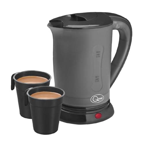 Image of Quest Black Compact Travel Kettle, 0.5 Litres, 600 Watt & Dual Voltage for Worldwide Use, Includes 2 Lightweight Cups, Auto Cut-Off Switch, Fits in Bags & Suitcases (35690)