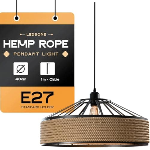 Image of LEDSone Rustic Hemp Rope Pendant Light 40cm Shade E27 1m Adjustable Hanging Ceiling Lamp for Kitchen Island, Living Room, Café & Bar – Industrial Farmhouse Lighting