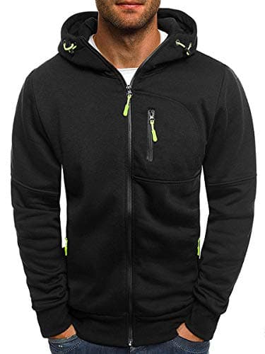 Image of WIEAYUMEI Hoody Jacket Mens Zipper Pockets Drawstrings Zip up Hooded Sweatshirts Zipped Jacket Coats Fleece Slim Tops C-Black S