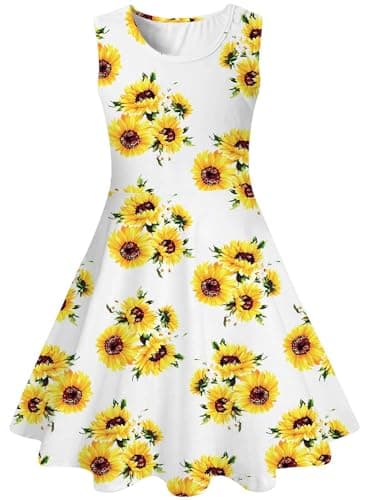 Image of Kids4ever Girls Dress 10-12 Years Sunflower Summer Dresses Round Neck A-line Swing Party Princess Dresses for Kids