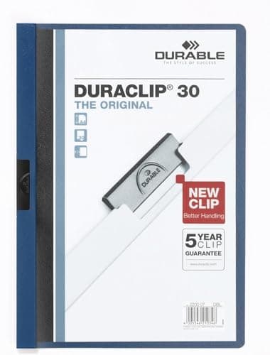 Image of Durable DURACLIP 30 A4 Clip Folder - Holds up to 30 Sheets of A4 Paper - Robust Metal Sprung Clip - Pack of 5 Folders in Dark Blue