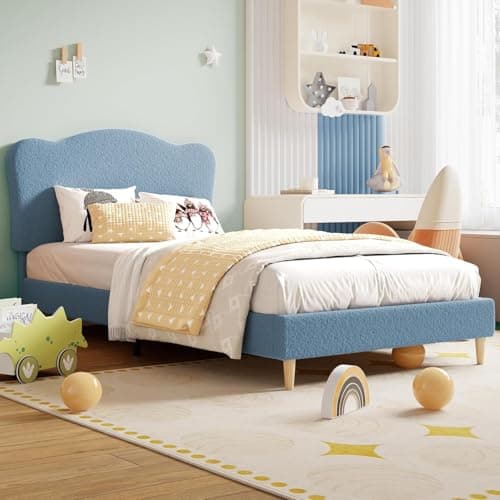 Image of Aptliton 3ft Single Bed Frame 90 x 190 cm,Upholstered Velvet Bed with Scallop Headboard for Girls Boys,Sturdy Wooden Slats Support,Noise-Free,Easy Assembly,158 kg Weight Capacity,Blue