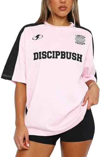 Image of DISCIPBUSH Graphic Tees for Women - Round Neck Oversized Tshirts for Women Y2K Outfits T Shirts Jersey Womens T Shirts Tops, Light Pink, L