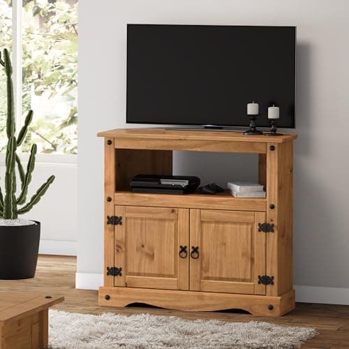 Image of Mercers Furniture Corona Corner TV Unit Solid Wood Pine Wooden Living Room Media Entertainment Television Stand Cupboard Tall Unit Lounge Bedroom Mexcian Style 79cm High 85cm Wide 43cm Deep