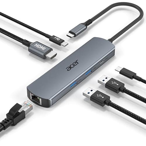Image of Acer USB C Hub with 1000Mbps Ethernet, 4K@60Hz HDMI, 1×USB-C 5Gbps, 2×USB-A 3.0, Type-C 100W PD, Multiport Docking Station for iPhone 17/16, MacBook iPad Pro/Air, Mac mini M4, Surface, Galaxy S25 etc.