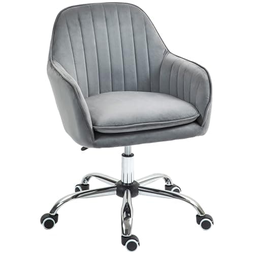 Image of HOMCOM Office Chair, Swivel Desk Chair, Velvet-Feel Fabric Vanity Chair with Adjustable Height and Rolling Wheels for Home Work Study, Grey