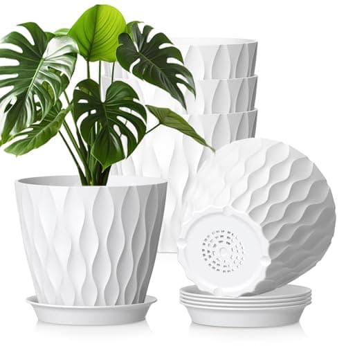 Image of WSMKSZ 20 cm Plant Pots Indoor Outdoor Plants, 5 Pack Thick Plastic Flower Pots with Drainage Holes & Saucers, 3D Modern Wave Texture, Medium Decorative Planter Pots for Monstera, Geranium, White