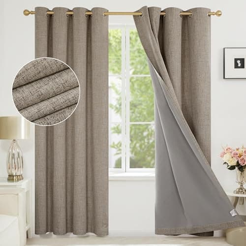 Image of Deconovo 100% Blackout Thermal Bedroom Curtains 90 Inch Drop, Faux Linen Eyelet Curtains for Living Room with Coating, 46 x 90 Inch(Width x Length), Linen, One Pair