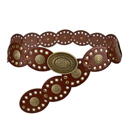 Image of GDDDYWWJ Western Belt Women,Vintage Western Wide Disc Cowboy Belt Wide Leather Boho Belts for Women Dresses Pants Skirts (Brown)