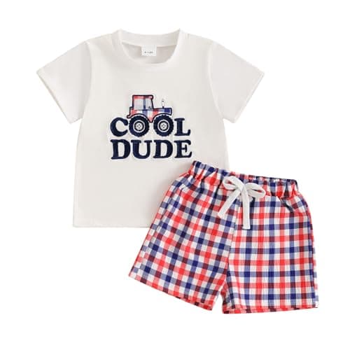 Image of Vioyavo Toddler Boys Summer Clothes Set Dinosaur Embroidery Short Sleeve T-shirt Plaid Shorts Set 2 Pieces Casual Outfit (Red, 18-24 Months)