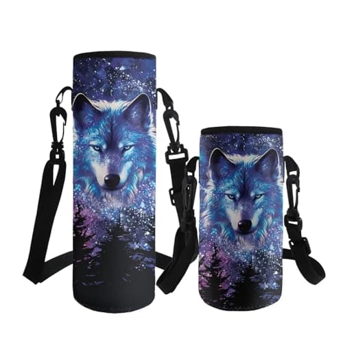 Image of ASQVTIFE Starry Sky Wolf Water Bottle Carrier for Boys Insulated Neoprene Water Bottle Sleeve School with Adjustable Shoulder Strap for 500ml Steel/Glass/Plastic Bottles Energy Drinks Animal Designs L