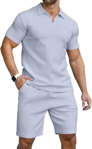 Image of KUYIGO Men's Zipper Polo Shirt and Drawstring Shorts Set for Outdoor Sports and Leisure 3XL Light Blue