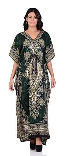 Image of Shah Crafts. Women Kaftan Dress Kimono Caftan Ladies Long Gown Beach Cover up Night Maxi Tunic Dresses Plus Size Green