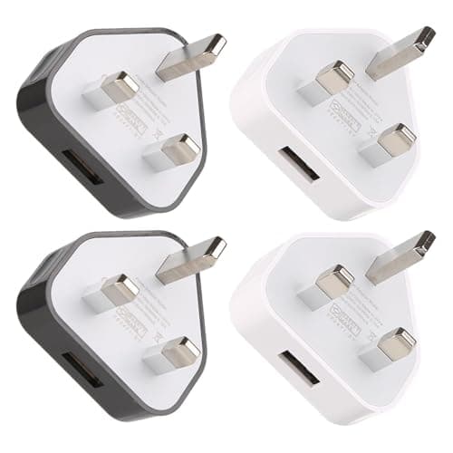 Image of USB Plug Adapter UK 4 Pack, 5V 1A USB Wall Charger, 3 Pin Plug Mains Adapter, Slim USB Plug Compatible with iPhone Huawei Motorola, Android, Tablets, Home Travel Office, White and Black