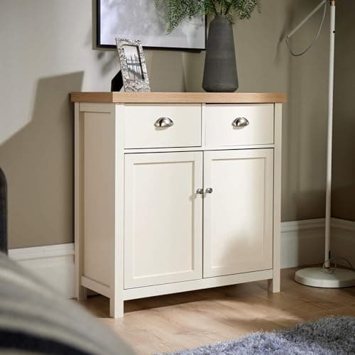 Image of Home Source 2 Door 2 Drawer Sideboard Storage Cupboard with Metal Handles, Oak Effect, White