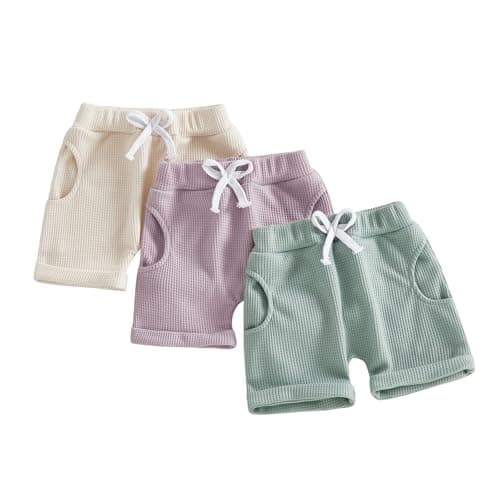 Image of Geagodelia Toddler Baby Girl 3 Pack Shorts Summer Solid Color Casual Elastic Waist Waffle Bottoms Shorts Pocket Outfits Clothes Set (Green Apricot Purple, 12-18 Months)