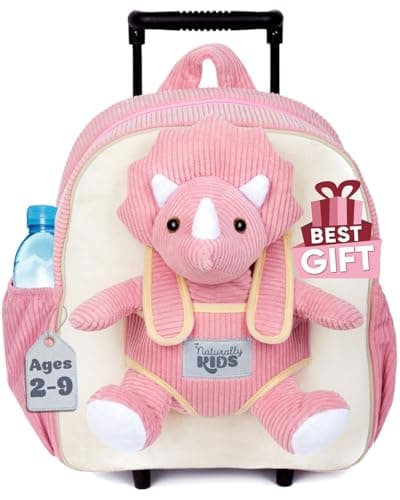 Image of Naturally KIDS Dinosaur Backpack for Kids Boys Girls with Plush Triceratops, 39 Tricer Pink, Trolley Bag w pockets, Travel Backpacks