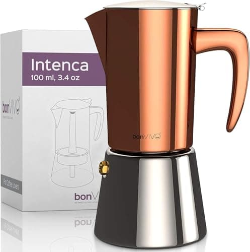 Image of bonVIVO Moka Pot - 2 Cup Intenca Stainless Steel Espresso Maker w/Copper Finish - Stove Top Italian Coffee Maker - 100ml Cup Coffee Pot - Gifts for Men and Women