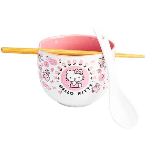 Image of Get Trend Hello Kitty Sanrio Ramen Bowl Set 20oz/600ml, Japanese Rice Noodles Bowl with Spoon & Bamboo Chopsticks, Microwave Safe, Gifts for Adults (Multi Hello Kitty)