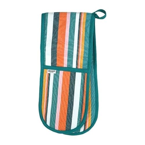 Image of Striped Recycled Cotton Double Oven Gloves - Teal