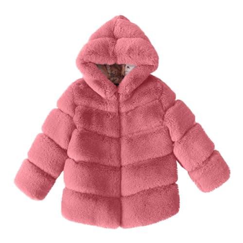 Image of AMhomely Girls Faux Fur Coat-Hooded Fluffy Cardigan Kids-Shaggy Short Coat,Artificial Fur,Solid,Thick,Overcoat,Parka,Winter Fuzzy Jackets for Children 3-14 Years Outdoor A Watermelon Red 13-14 Years