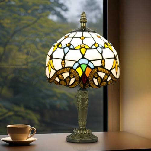Image of Crefotu Small Tiffany Style Table Lamp, 3 Color Temperatures Bedside Lamp, 8 Inch Stained Glass Desk Light for Home Office Bedroom Living Room (Beige Baroque)