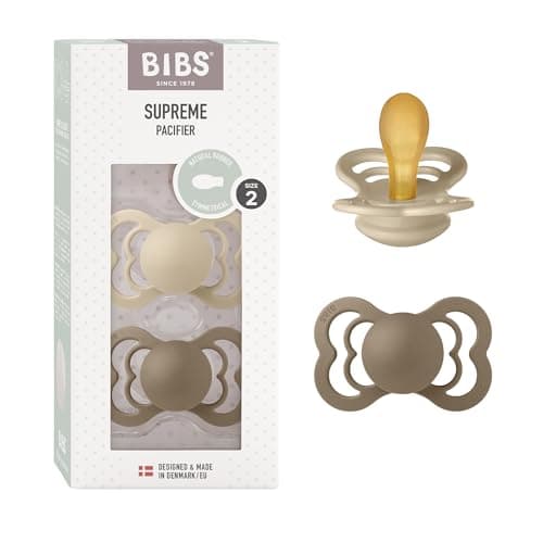 Image of BIBS Supreme Soother 2-Pack, BPA Free Dummy Pacifier, Symmetrical Nipple. Natural Rubber Latex, Size 2 (6-18 Months), Vanilla/Dark Oak