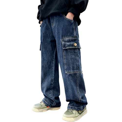 Image of Rolanko Boys Baggy Jeans Elasticated Waist Cargo Bootleg Skater Jeans with Multipockets Vintage Streetwear Denim Pants for Kids, Denim Blue, 150, 10-11 Years
