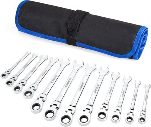 Image of SORAKO Ratchet Spanner Set 12pcs, Flexible Combination Wrench 8-19 mm, Flex-Head Spanner Sets Combination Spanner in Roll Bag for Car Repairing, Industrial Maintenance, SRW12H2, Chrome