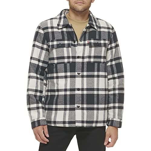 Image of Levi's Men's Sherpa Lined Hooded Shirt Jacket (Regular & Big & Tall Sizes) Cotton, Cream Navy Plaid, XL