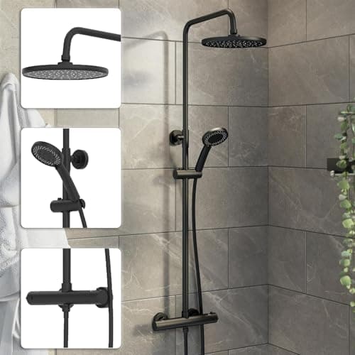 Image of Architeckt® Thermostatic Shower Mixer Set with Rainfall Head Valve Adjustable Riser Rail Handset and Hose Showers Thermostat Round, Matt Black