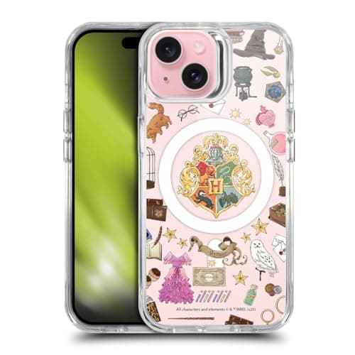 Image of Head Case Designs Officially Licensed Harry Potter Hogwarts Pattern Magical Icons Shockproof Bumper Case [Military Grade Protection] Compatible with Apple iPhone 15 and Compatible with MagSafe