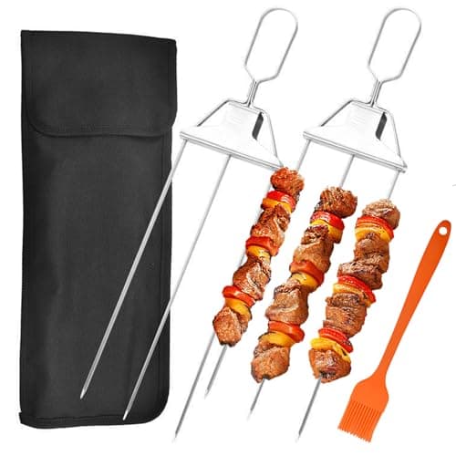 Image of Jogoico 3-Way BBQ Metal Skewer Kit - 2Pcs Stainless Steel Grill Skewers With Push Bar Slider - 3-Prong Kabob Forks for Outdoor Grilling - Easy to Use Barbecue Accessories