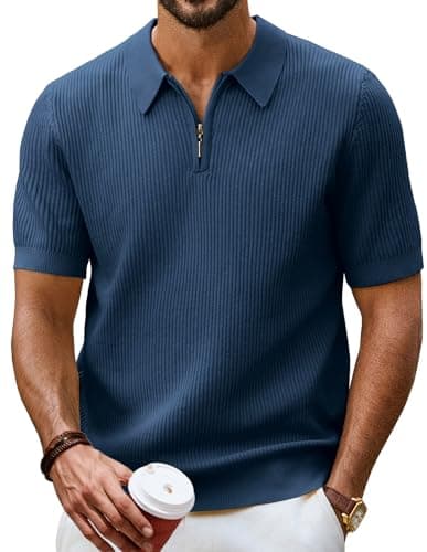 Image of PJ PAUL JONES Men's Short Sleeve Shirts Knitted Polo Shirt Quarter Zip Polo Shirt Polo Shirts for Men Navy Blue XXL