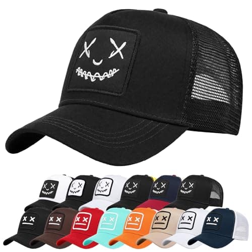 Image of Enwokran Baseball Cap Mens Quirky Bizarre Embroidery Hats Unisex, Hip Hop Trucker Caps Adjustable Mesh Back UPF 50+ UV Protection Summer Sun Hat Sports Cap (A_Black)