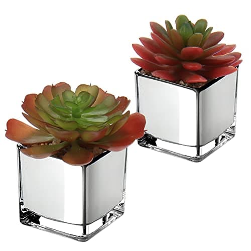 Image of Briful Mini Artificial Succulent Plants, Set of 2 Faux Succulents in Galvanized Glass Pot Modern Fake Plants Plastic Succulents for Centerpiece Bathroom Shelf Bedroom Decor
