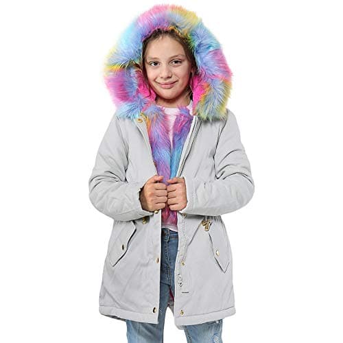 Image of A2Z 4 Kids Faux Fur Lined Parka Hooded Jacket Girls Rainbow Faux Fur - Parka Jacket Rainbow Fur Silver 11-12