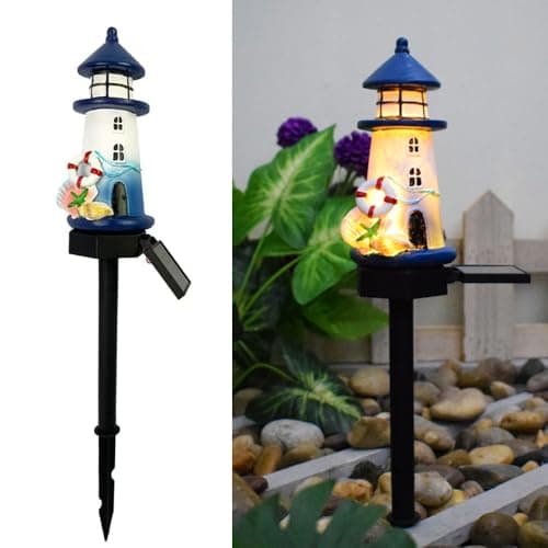 Image of YZYOE Solar Blue and White Lighthouse Atmosphere Lights, Garden and Courtyard Decoration Resin Cute House Floor Lamp, Wireless Dusk to Dawn LED Lights Waterproof.