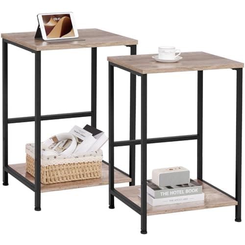 Image of AMHANCIBLE Side Tables Set of 2, 2-Tier Sofa Side Tables, Bedside Tables with Steel Frames, Coffee Table, Small End Table for Small Spaces, Modern Nightstand for Bedroom, Bathroom, Grey UHET03SQGY