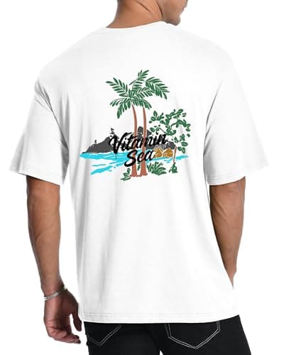Image of AIYINO Beach Holiday Graphic Mens T Shirt Cotton Crew Neck Front Chest and Back Print Summer Casual Tee T Shirts for Men UK Women Tops White L
