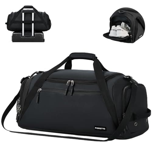Image of FIORETTO 43L Mens Sports Gym Bag with Wet Pocket & Shoe Compartment, Travel Duffle Bag Overnight Bag with Padded Shoulder Strap, Water-Resistant Holdall for Swimming, Basketball, Football Black