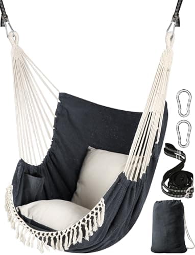Image of Chihee Hammock Chair Hanging Swing 2 Seat Cushions Included,Strong Webbing Straps and Hooks for Easy Hanging Soft Cotton Weave Hanging Chair Side Pocket Large Tassel Chair Set Comfort Indoor Outdoor
