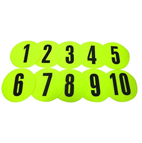 Image of Fitness Health FH Disc Marker Set Numbered 1 to 10, Bright yellow and non-slip spot markers for Outdoor and Indoor Use. Durable and strong suitable for hard and soft surfaces,13cm diameter discs.