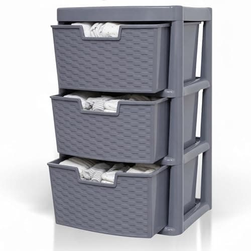Image of SIDSONS - Large Plastic Rattan Style Storage Drawer - Durable & Stylish Cabinet with Smooth Pull Drawers - Multipurpose Organizer for Clothes Toys, Kitchen, Home & Office Use (Rattan/Grey, 3 Tier)