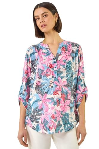 Image of Roman Shirt for Women UK Ladies Top Collarless Blouse Stretchy Tunic Smart Casual Autumn Winter Jersey 3/4 Length Sleeve Notch V Neck Flattering Office Work - Burnout Floral Pink - Size 14