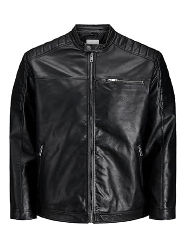 Image of JACK & JONES Men's Faux Leather Jacket Motorcycle Blouson Bomber JJEROCKY Design Outerwear Transitional Coat., Colours:Black, Jacket Size:XS